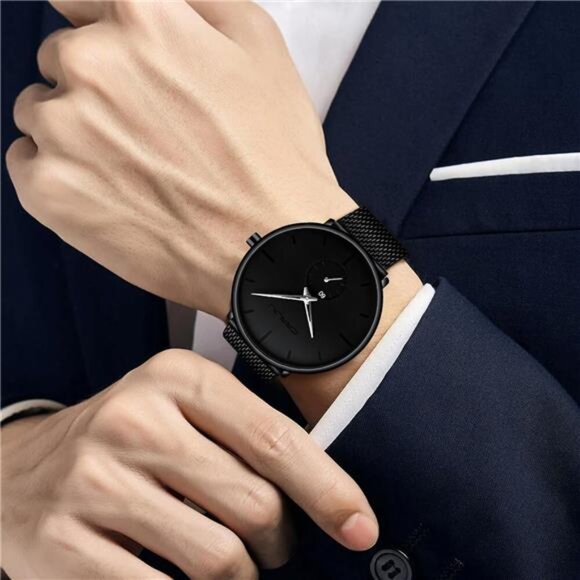 Ultra-Thin Minimalist - Fashion Wrist Watch for Men Stainless Steel Mesh Band